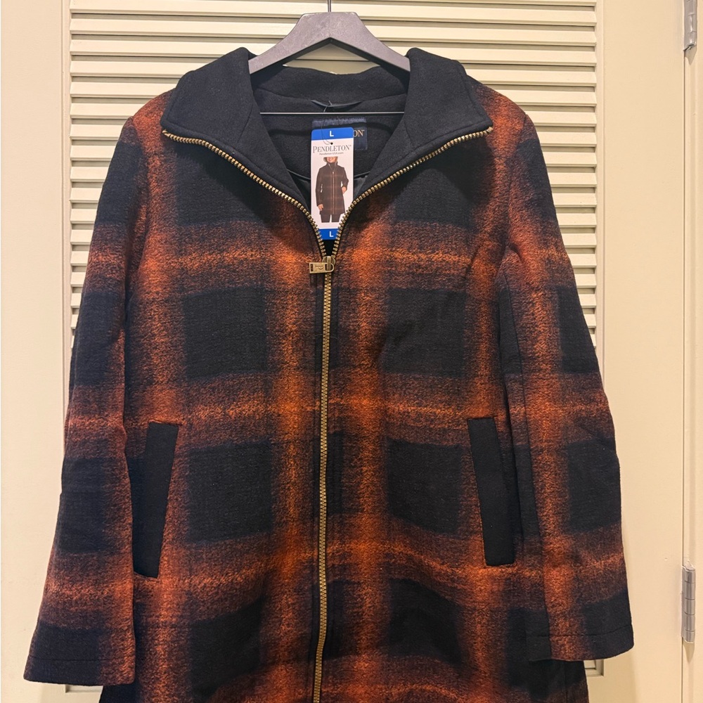 Pendleton Black and Orange Trench Coat Classic Plaid Design